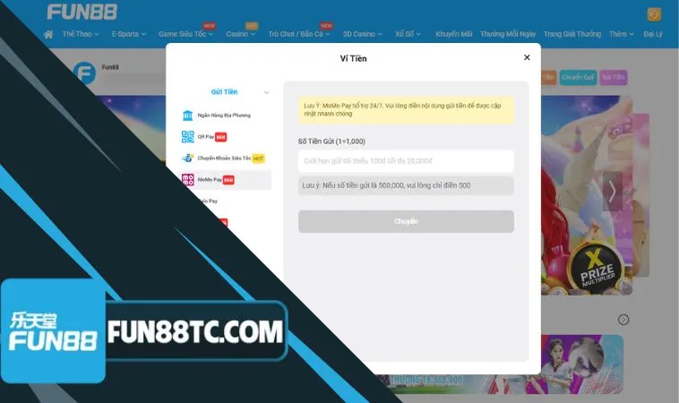 Nạp Fun88 qua Momo Pay anh em có thể tham gia nhiều trò hay, giải trí bất tận